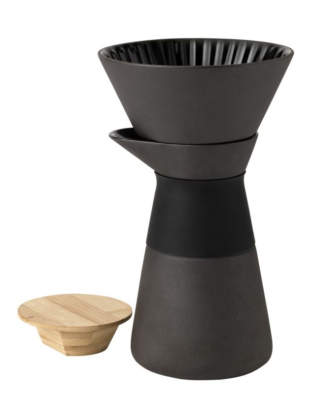 Stelton Theo Kaffeefilterkanne EINZELSTÜCK aus schwarzem Steinzeug mit Bambusdeckel für die Zubereitung von Filterkaffee.